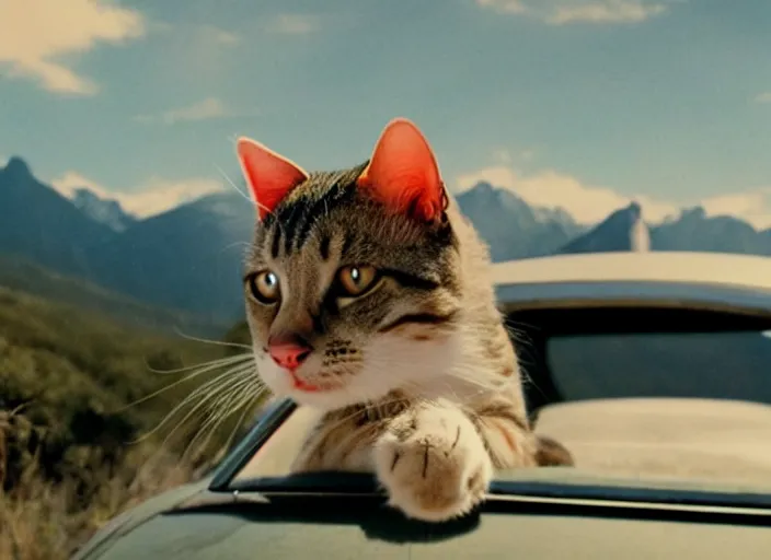 Image similar to A very high resolution image from a new movie, a cat driging around, inside of a car , mountains, Polaroid, directed by wes anderson