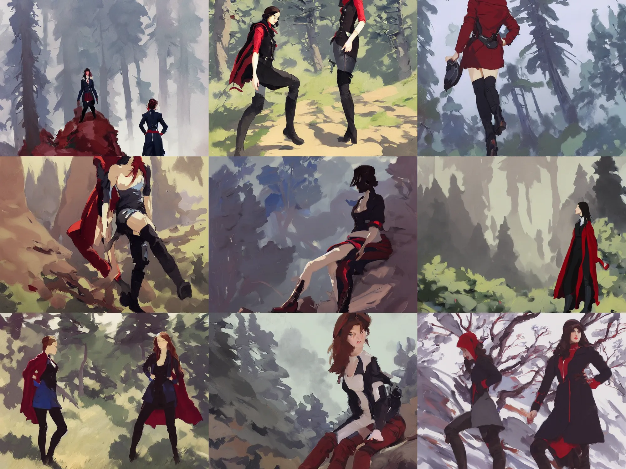 Image similar to black red blue white cloth fabric jodhpurs knee high boots travel coat fashion, solo hiking in mountains trees, greg manchess painting by sargent and leyendecker, studio ghibli, fantasy, asymmetrical, intricate, elegant, matte painting, illustration, hearthstone, by greg rutkowski, by greg tocchini, by james gilleard, by joe fenton