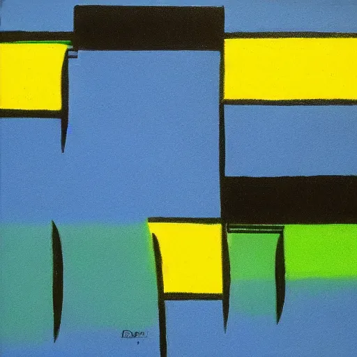 Image similar to painting of forms ( blue, yellow, green ) divided by black lines