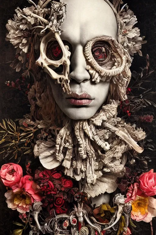 Image similar to Detailed maximalist portrait a greek god with large lips and with large white eyes, exasperated expression, botany bones, HD mixed media, 3D collage, Grimm fury takes character, highly detailed and intricate, surreal illustration in the style of Caravaggio, dark art, baroque