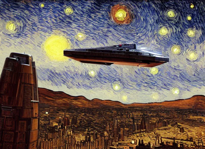 Prompt: a single spaceship taking off seen from the surface of a metropolis city, star wars, digital art, trending on art station, in the art style of vincent van gogh starry night