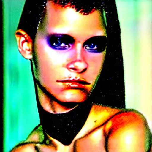 Prompt: portrait photo of a beautiful female cyborg. 1990s. year book