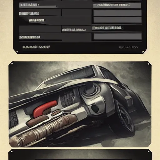 Prompt: car engine car parts concept art card, comic page, dishonored style, ui card