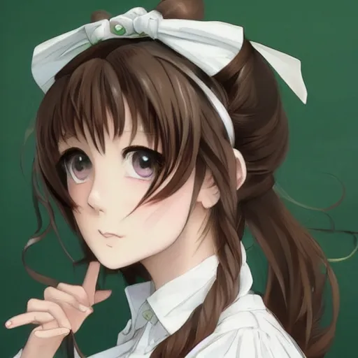 Prompt: full body of a beautiful anime high school girl, brown hair, ponytail, white ribbon, green eyes, full perfect face, western, fantasy, intricate, elegant, highly detailed, digital painting, artstation, detailed school background, matte, sharp focus, illustration, art by Artgerm, Greg Rutkowski, Alphonse Mucha, Sasoura, Satchely, no distorsion