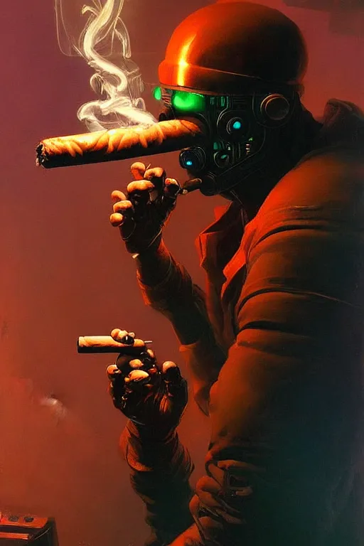 Image similar to An android smoking a single cigar in a cyberpunk setting, by Frank Frazetta, dramatic lighting, high contrast colours, as trending on Artstation, highly detailed,