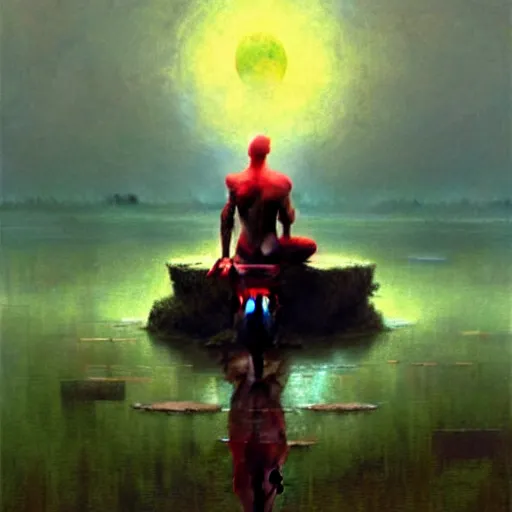 Image similar to the crimson moon shatters far above, a placid cross legged figure floating above pond by craig mullins, ruan jia, liang mark, beksinski, wayne barlowe, peter gric, jama jurabaev