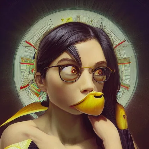 Prompt: an anthropomorphised banana in a business suit, artists portrait, fantasy, highly detailed, digital painting, concept art, sharp focus, depth of field blur, illustration, art by artgerm and greg rutkowski and alphonse mucha