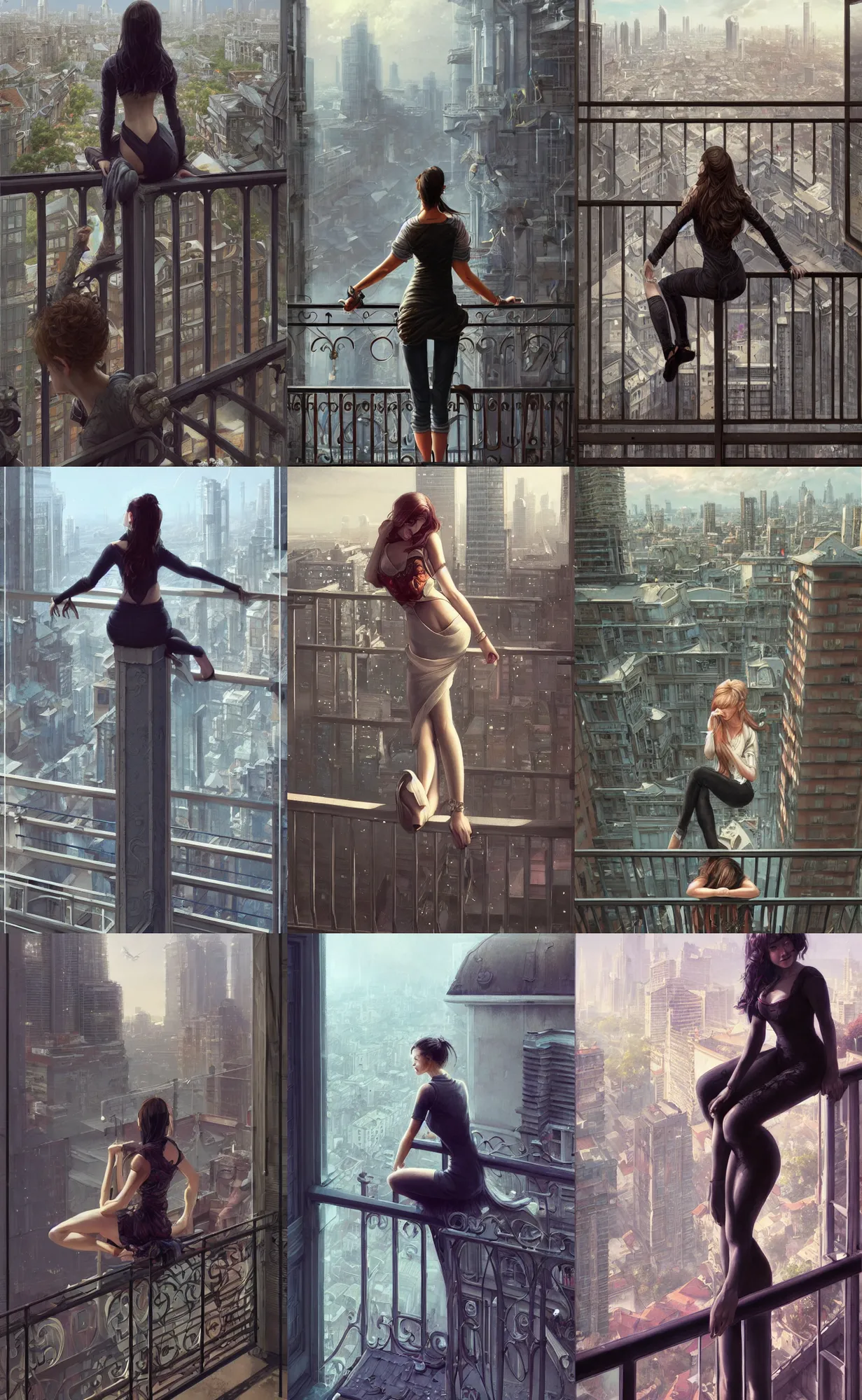 Prompt: full body shot, woman sitting on balcony railing, background is view looking down at a city, digital painting, intricately detailed, highly detailed, artwork by greg rutkowski, artwork by ross tran, artwork by randy vargas, artwork by artgerm, artwork by alex garner, trending on artstation