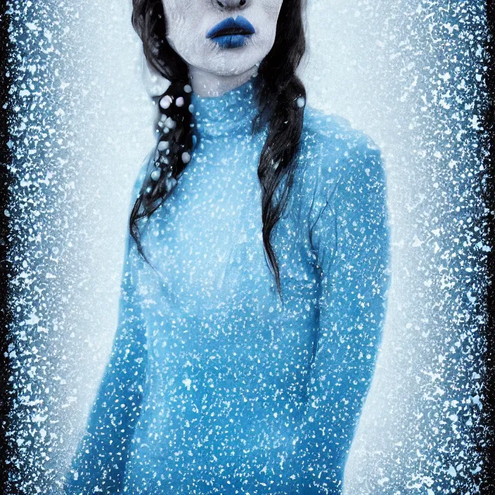 Prompt: a woman wearing a highneck dress made out of snowflakes. she is sickly looking and dying of hypothermia. very pale and blue lips. full body digital portrait by maromi sagi