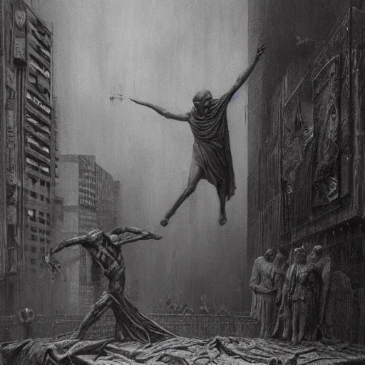 Prompt: julius caesar getting assassinated in times square, beksinski and hr giger style