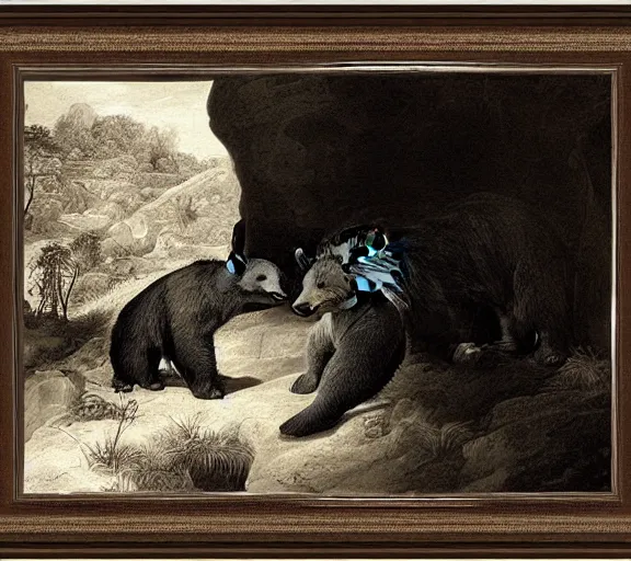 Image similar to viewer looking into dark cave and seeing a mother bear and her cubs sleeping, night time, artwork by Pieter Claesz, cross hatching, framed painting,