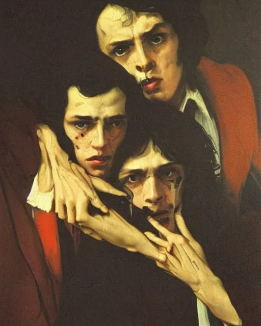 Image similar to a baroque painting of two beautiful but sinister young men wearing oxford shirts in layers of fear, with haunted eyes and dark hair, 1 9 7 0 s, seventies, wallpaper, a little blood, moonlight showing injuries, delicate embellishments, painterly, offset printing technique, by brom, robert henri, walter popp