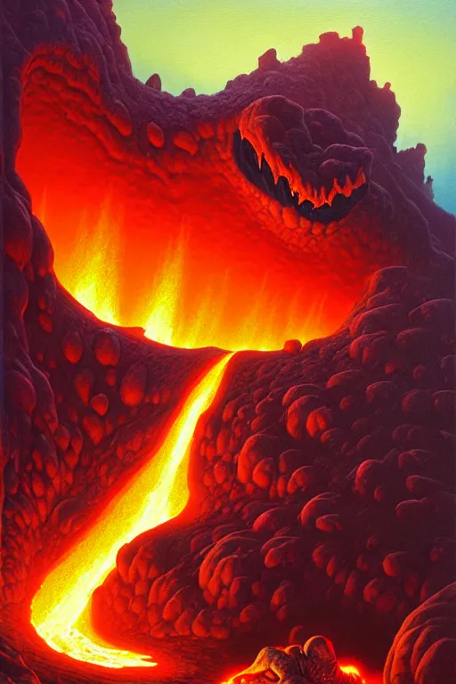 Prompt: classic oil painting, a magma monster is crawling out of a volcano, as a dnd character, cottagecore, highly detailed, digital illustration, concept art, smooth, sharp focus, art by tim hildebrandt, and greg hildebrandt