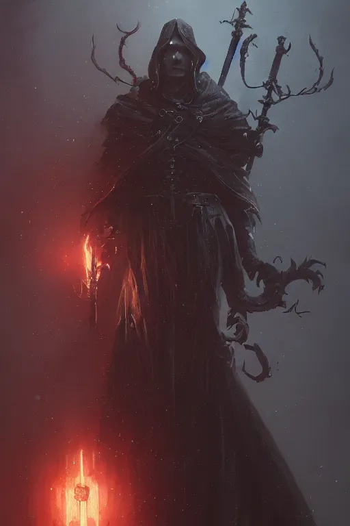 Image similar to A fancy portrait of a occultist by Greg Rutkowski, Sung Choi, Mitchell Mohrhauser, Maciej Kuciara, Johnson Ting, Maxim Verehin, Bloodborne, 8k photorealistic, cinematic lighting, HD, high details, dramatic, dark atmosphere, trending on artstation