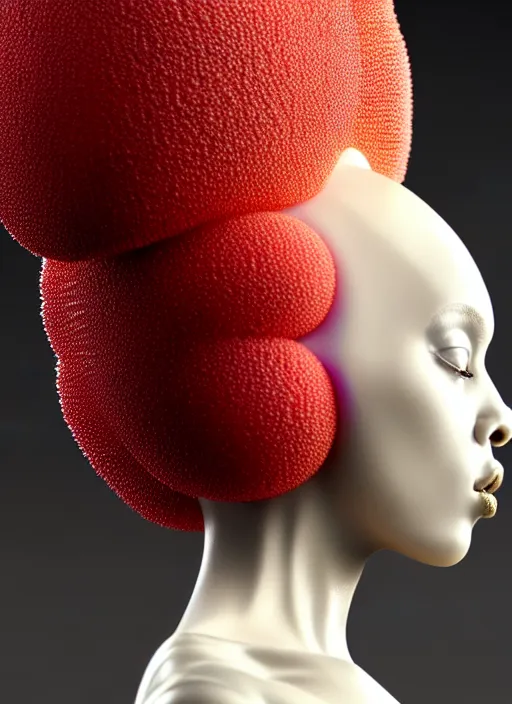 Prompt: intricate hyper detailed ultra sharp focus front shot 3 d render of a beautiful porcelain ivory afro woman, close - up, f 2. 8 1 5 0 mm, sharp focus, alexandre ferra, elegant bionic cyberpunk red mechanical haute couture fractal mushroom corals, white mycelum and fungi head ornaments, octane render, volumetric cinematic lighting, 8 k,