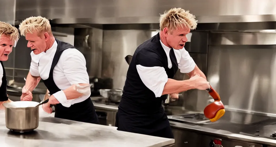 Image similar to photo of angry furious Gordon Ramsay punching Gordon Ramsay at the kitchen