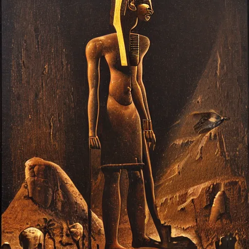 Prompt: ancient egyptian papyrus by guido borelli da caluso robust. a beautiful experimental art of a small figure standing in the center of a dark, foreboding landscape. the figure is surrounded by strange, monstrous creatures, & there is a feeling of unease & dread.