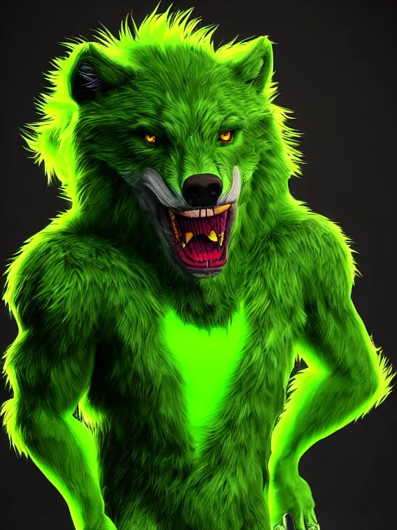 Prompt: cute handsome cuddly werewolf from van helsing unreal engine hyperreallistic render 8k character concept art masterpiece deep vibrant electric lime green dmt art psychedelic