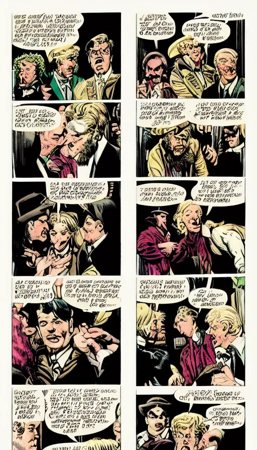 Image similar to 6 panel comic by brian bolland, john singer sargent, trad moore, darick robertson, turner