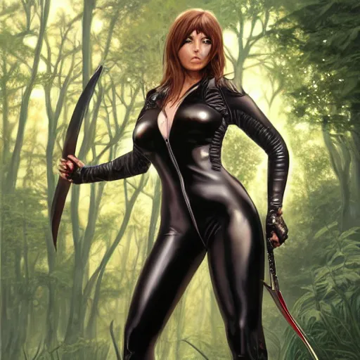 Image similar to painting of a female wearing a skintight leather jacket holding a sword in a forest, large thighs, perfect face, comic book art, beautiful! coherent!, intricate, elegant, highly detailed, digital painting, artstation, smooth, sharp focus, illustration, art by artgerm and greg rutkowski and alphonse mucha, 8 k