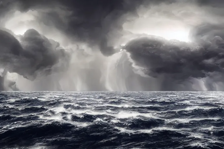 Image similar to surreal scene of a storm at sea, cinematic masterpiece