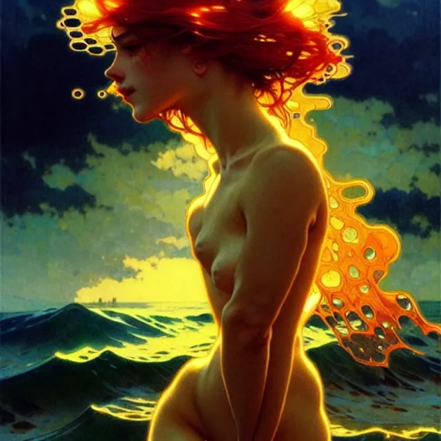 Image similar to ocean waves of glossy liquid honey drops flowing like translucent amber, lsd waves, lsd ripples, backlit, sunset, refracted lighting, art by collier, albert aublet, krenz cushart, artem demura, alphonse mucha