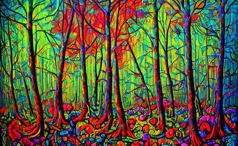 Image similar to psychedelic candy!!!!!!! forest by alexy grey, acrylic painting!!!, intricate details!!!!, fine brush!!!!!!