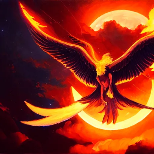 Image similar to phoenix flying in front of the moon, glowing light, fire, oil painting by greg rutkowski, 8 k