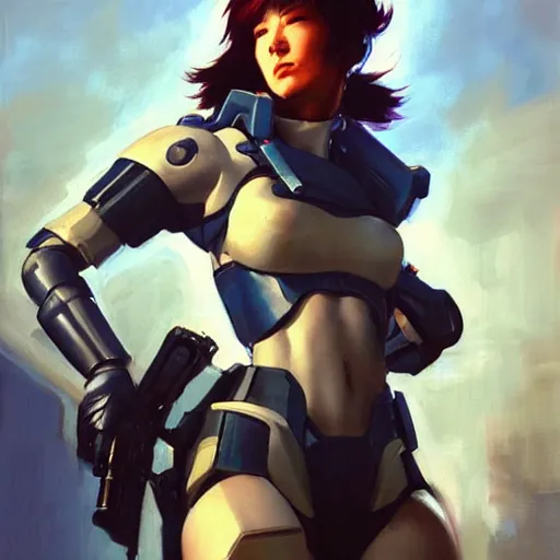 Image similar to greg manchess portrait painting of invisible armored motoko kusanagi as overwatch character, medium shot, asymmetrical, profile picture, organic painting, sunny day, matte painting, bold shapes, hard edges, street art, trending on artstation, by huang guangjian, gil elvgren, ruan jia, greg rutkowski, gaston bussiere