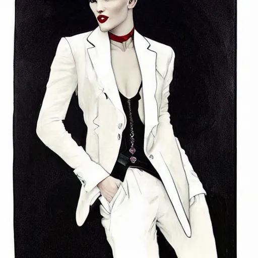 Image similar to stunning portrait of androgynous ruby rose as desire from sandman in a white tuxedo!!!, rockabilly style,, by alphonse mucha, by jeremy mann, by peter lindbergh, dave mckean, by mikko lagerstedt, by frank moth, white suit and black tie, soft lightning, high detailed, 8 k