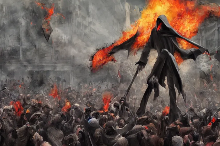 Prompt: photoillustration of a tall sinister looking grim reaper looming over angry mob, violent protest, riot, flags slogans fire smoke flares, establishing shot, hyper detailed, realistic, cinematic, anamorphic