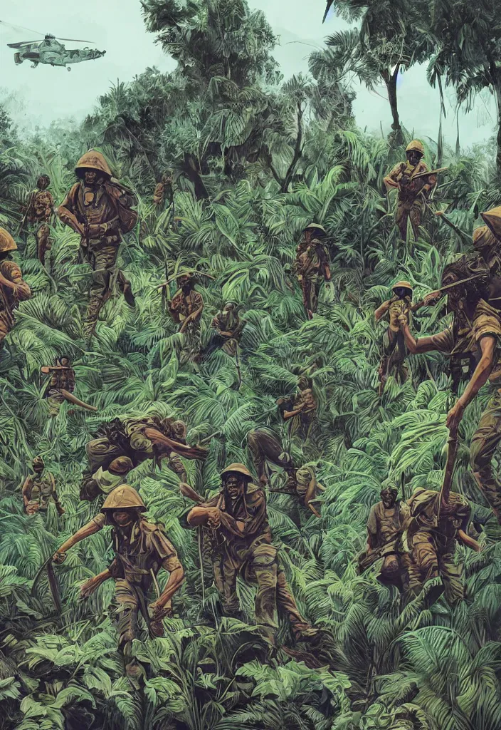 Image similar to handmade illustration of an epic Vietnam war scene with a few Rastafarian Jamaican soldiers walking, the jungle at the background, some smoke and fire, blue sky with dramatic clouds, line art, ink, watercolor by Kilian Eng and by Jake Parker, heavy brushstrokes, winning-award masterpiece, fantastic, octane render, 8K HD Resolution, High quality image