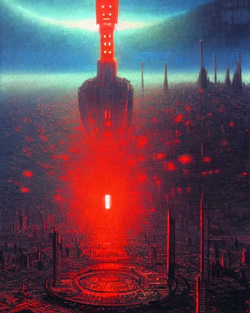 Image similar to giant robot with ominously glowing red eyes stands on top of city that is on fire, concept art, intricate details, highly detailed, in the style of chris foss, rodger dean, moebius, michael whelan, and gustave dore