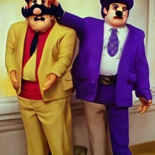 Image similar to wario and waluigi in goodfellas ( photo realistic and hyperrealistic and in high quality )