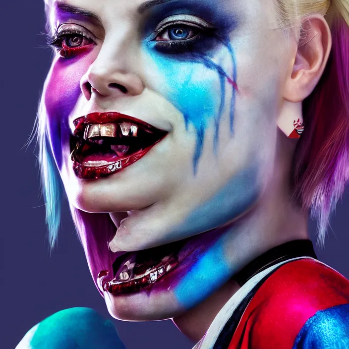 Image similar to portrait of charlize theron as a harley quinn in suicide squad. intricate abstract. intricate artwork. by tooth wu, wlop, beeple, dan mumford. octane render, trending on artstation, greg rutkowski very coherent symmetrical artwork. cinematic, hyper realism, high detail, octane render, 8 k, iridescent accents