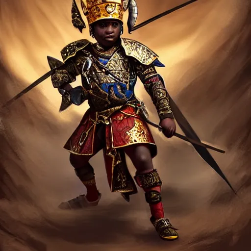 Image similar to a young black boy dressed like an african moorish warrior in gold armor and a crown with a ruby, charging through a dragons lair, for honor character digital illustration portrait design, by adi granov, dramatic lighting, wide angle dynamic action shot