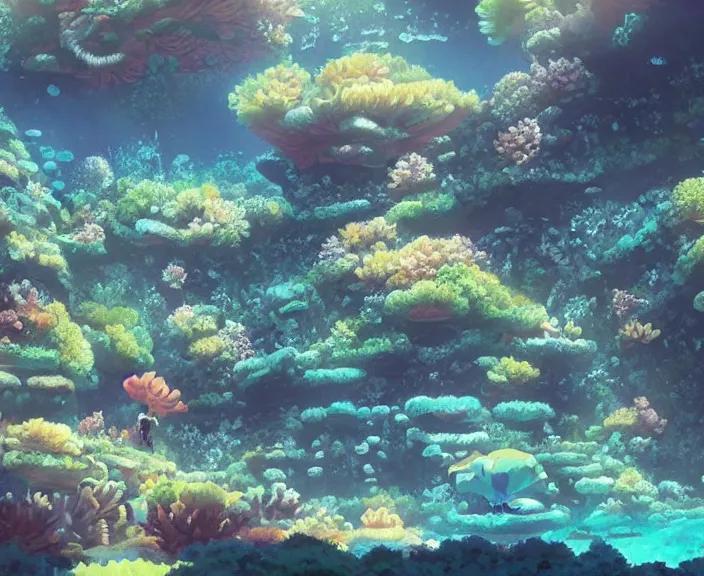 Prompt: An underground coral reef with bioluminescent algea, peaceful and serene, incredible perspective, soft lighting, anime scenery by Makoto Shinkai and studio ghibli, very detailed