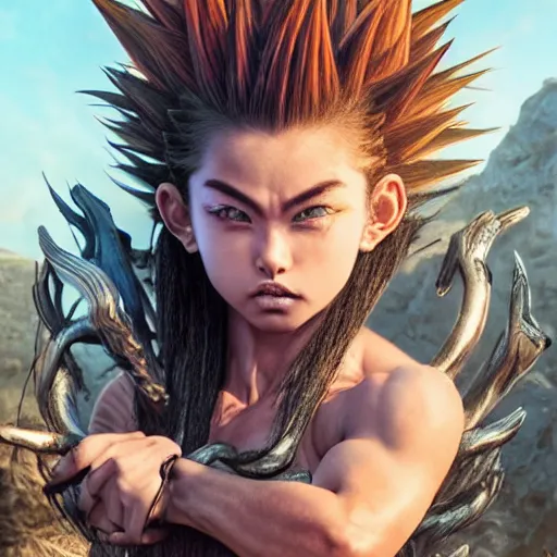 Prompt: warrior girl, muscular girl, wild spiky black saiyan hair, long spiky hair, electrified hair, fistfighting demons, goblins, ultra realistic, intricate details, highly detailed, subsurface scattering, photorealistic, octane render, 8 k, art by artgerm, greg rutkowski, magali villeneuve, alphonse mucha