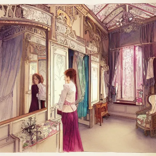 Prompt: a beautiful intricate watercolor illustration of a victorian dressing room, 4 k, ultra - wide angle, by william turner, by victo ngai, by alphonse mucha, by miho hirano, hd, trending on artstation, hyper detailed, muted colors