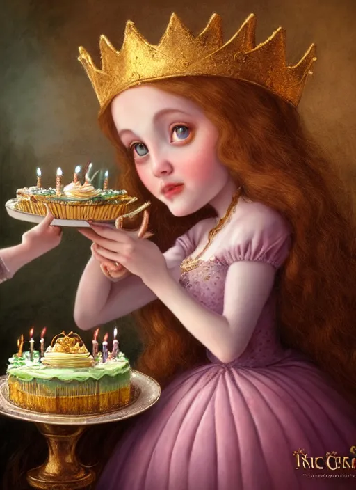 Image similar to highly detailed closeup portrait of a grinning irish fairytale medieval princess eating birthday cake, unreal engine, nicoletta ceccoli, mark ryden, lostfish, earl norem, global illumination, god rays, detailed and intricate environment