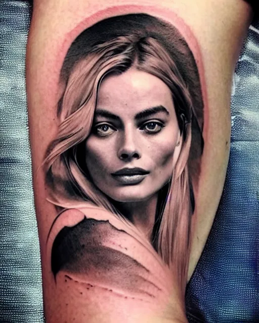 Image similar to creative double exposure effect tattoo design sketch of margot robbie face blended in beautiful mountain scenery, realism tattoo, in the style of matteo pasqualin, amazing detail, sharp