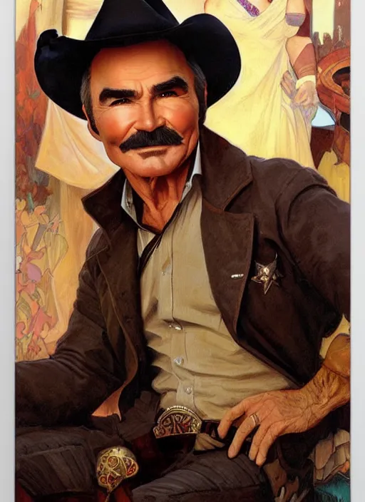 Image similar to burt reynolds wearing cowboy hat, painting by artgerm and greg rutkowski and alphonse mucha