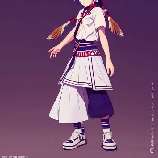 Image similar to a beautiful! boyish! natalie portman model, wearing catholic school girl outfit with mayan pattern and native style, chronotrigger aztec street fashion, gapmoe yandere grimdark, trending on pixiv fanbox, painted by greg rutkowski makoto shinkai takashi takeuchi studio ghibli, akihiko yoshida