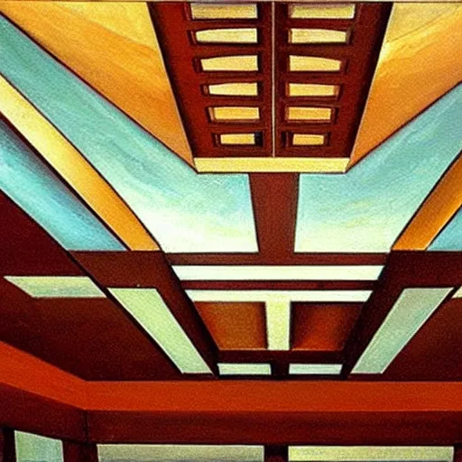 Prompt: an oil painting of a ceiling fan designed by frank lloyd wright