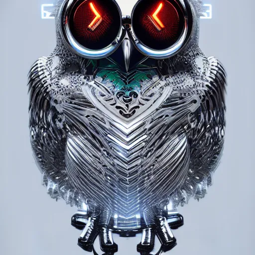 Prompt: chrome owl, glossy, metallic, neon, symmetrical, tribal patterns, realistic, unreal engine, octane, redshift, artstation, behance