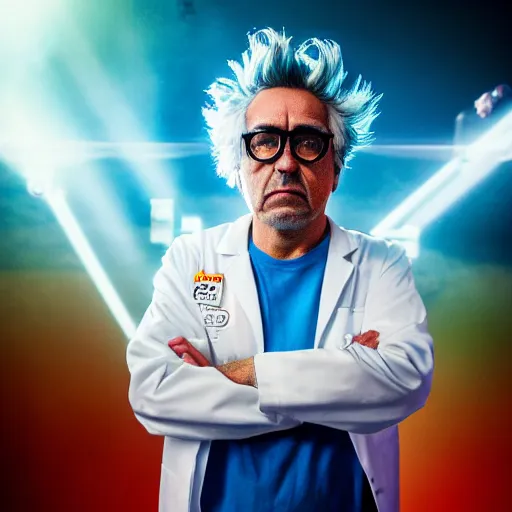 Prompt: portrait of rick sanchez, lab coat and tee shirt, lens flare, atmosphere, glow, detailed, intricate, full of colour, cinematic lighting, 4 k, hyperrealistic, focused, extreme details, cinematic, masterpiece