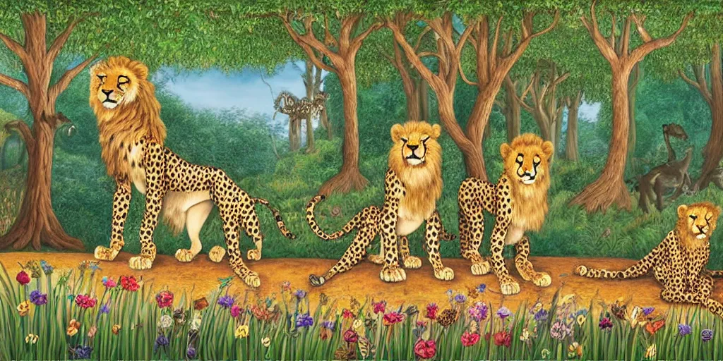 Image similar to cheetah and lion in front of birthday table in fairytale forest , huge scale, high detail, intricate by Axel Scheffler