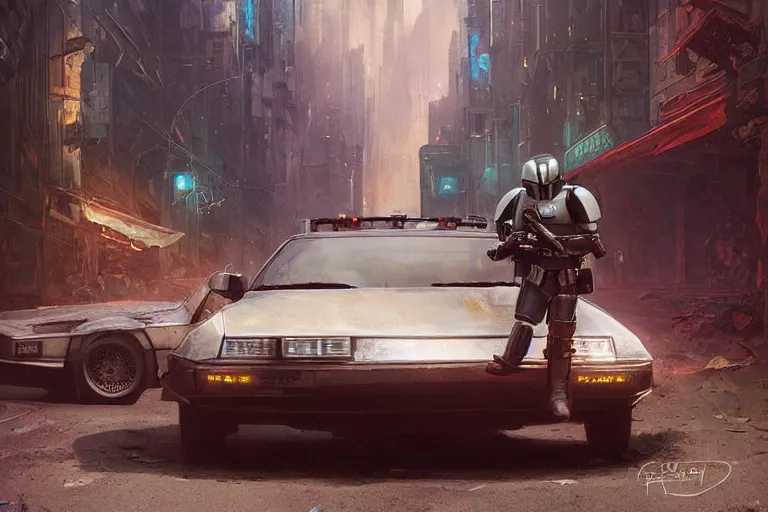 Image similar to photograph of the mandalorian entering a delorean driving down the streets of a cyberpunk abandoned city, wing doors are lifted, by greg rutkowski, by stanley artgerm, by alphonse mucha