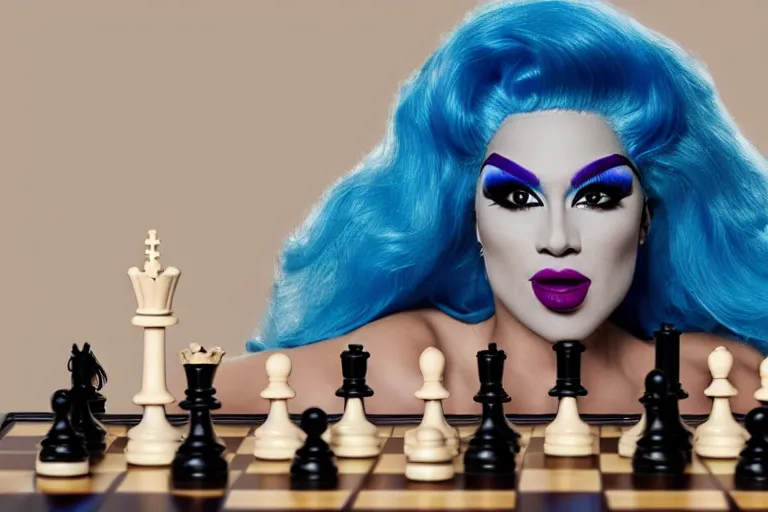 Image similar to blue hair drag queen playing chess, netflix show poster