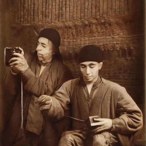 Image similar to a photograph of two men from the 1 2 th century playing on a handheld console